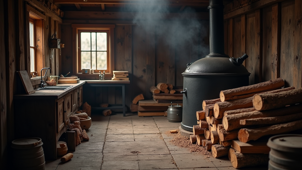 High angle view of a rustic smokehouse with wood logs for smoking