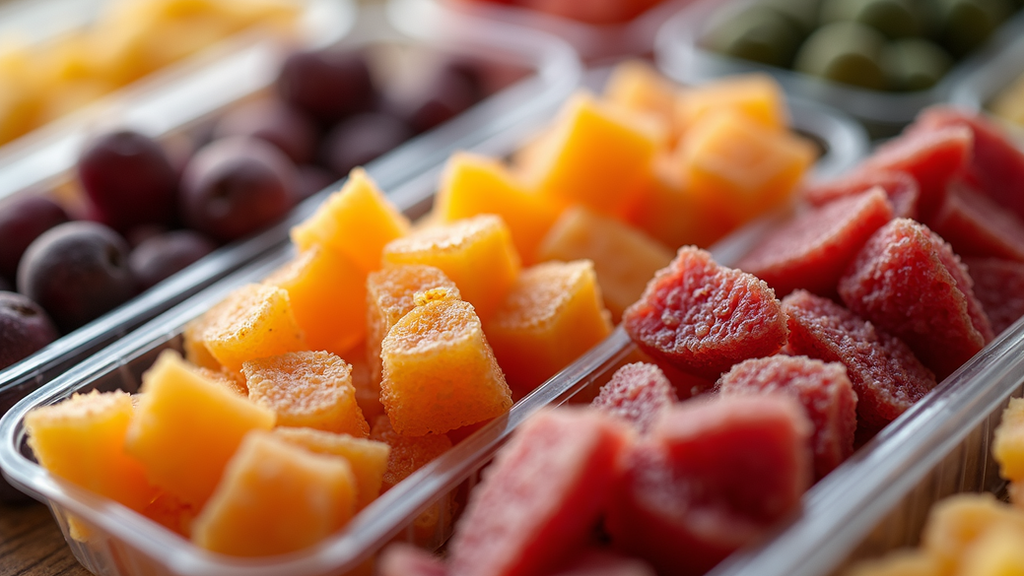 Close-up view of freeze-dried fruits displayed in clear packaging
