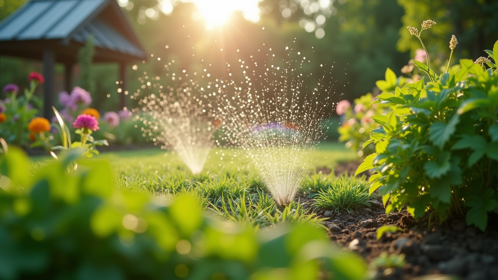 Eye-level view of a flourishing garden watered by sustainable systems