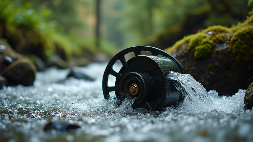 Close-up view of a micro-hydro power turbine in a flowing stream