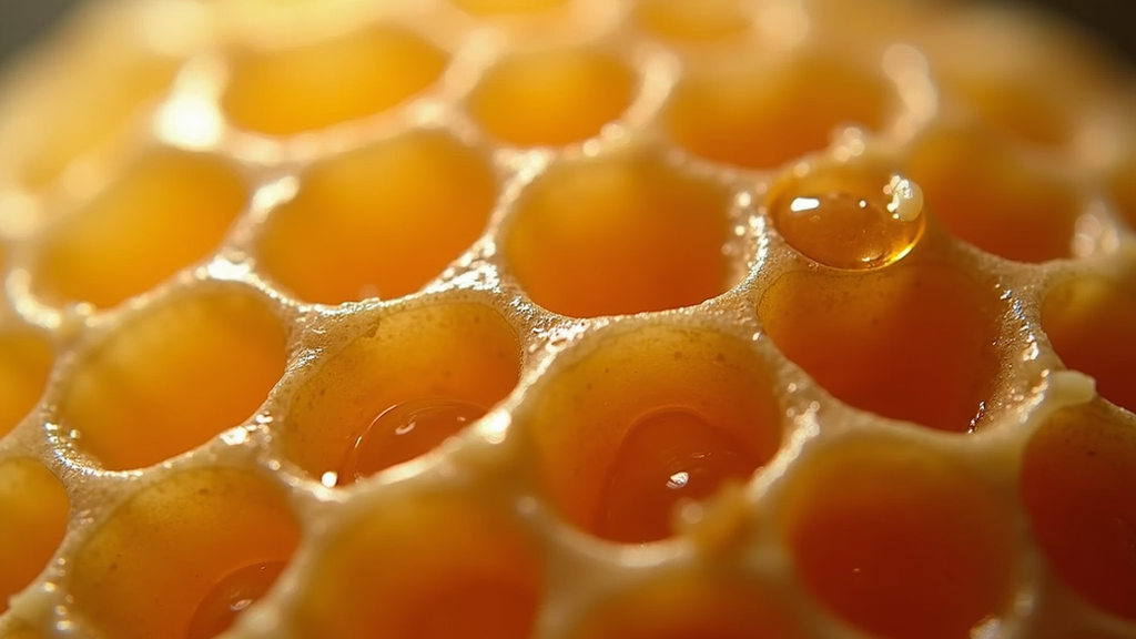 Close-up view of honeycomb filled with golden honey