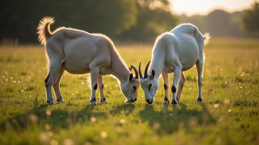 High angle view of a pair of goats grazing in a pasture