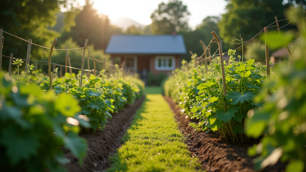 Wide angle view of a thriving homestead garden