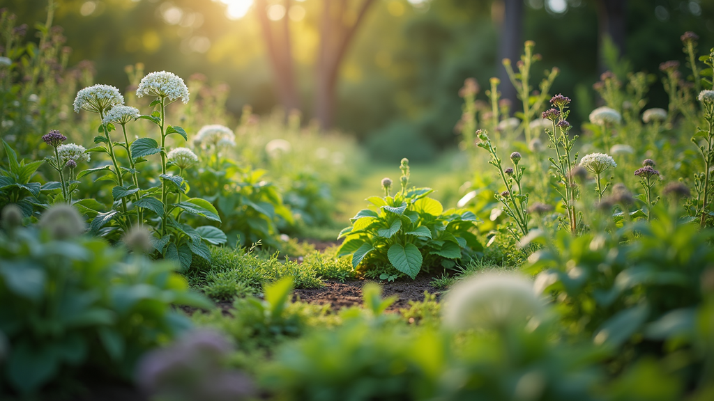 Wide angle view of herb garden with diverse medicinal plants